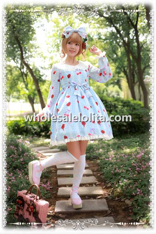 INFANTA Cherry Printing Chiffon Sweet OP Long Sleeves Lolita Dress