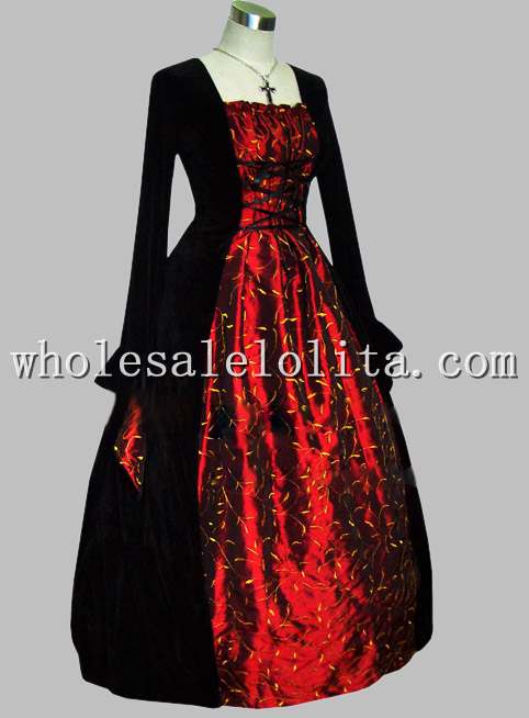 Gothic Black and Red Thai Silk Print Medieval Dress Gown Renaissance Faire Costume