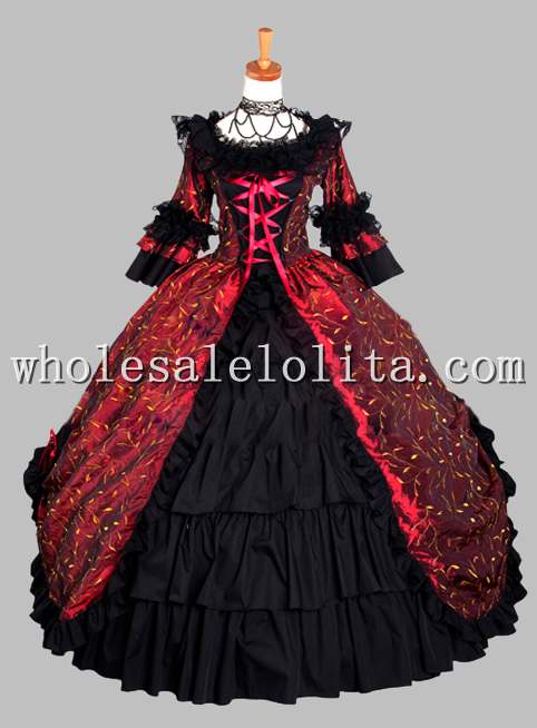 Gothic Black and Wine Red Print Victorian Themed Dress Vampire Halloween Masquerade Ball Gown Carnival Costume
