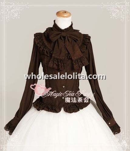 Royal Court Style High Collar Long Sleeves Coffee Lolita Blouse