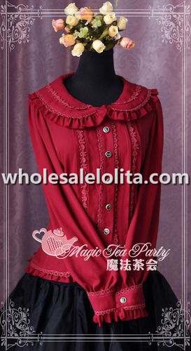 Claret Red Tie Bow Chiffon Lace Long Sleeves Lolita Blouse