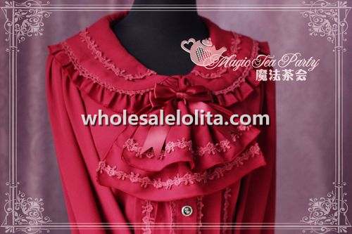 Claret Red Tie Bow Chiffon Lace Long Sleeves Lolita Blouse