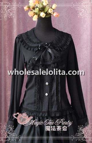 Claret Red Tie Bow Chiffon Lace Long Sleeves Lolita Blouse