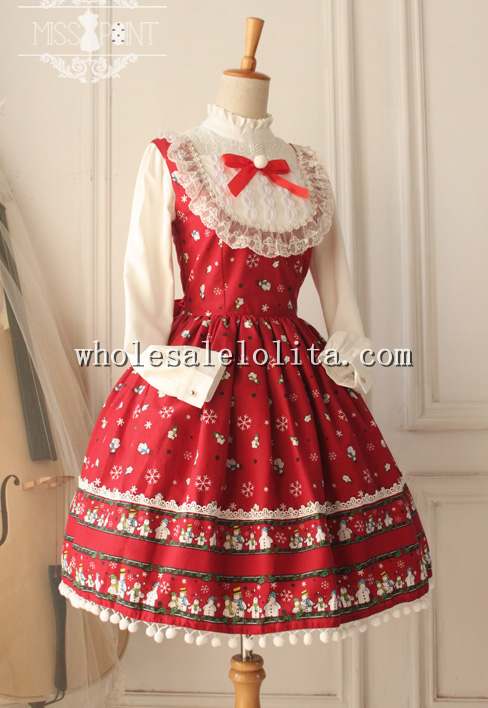 Frozen Series Snowman and Snowflake Printing Christmas Sweet Red JSK Lolita