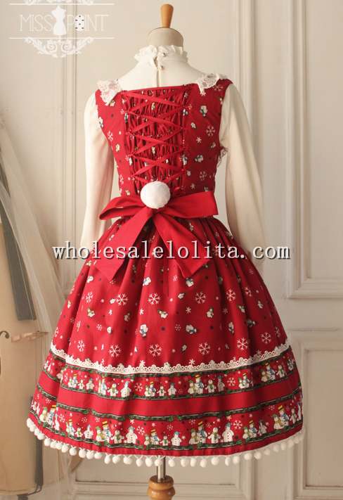 Frozen Series Snowman and Snowflake Printing Christmas Sweet Red JSK Lolita