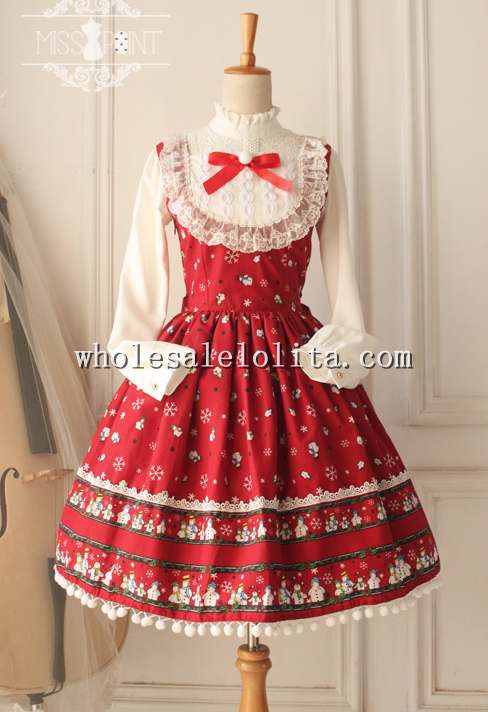 Frozen Series Snowman and Snowflake Printing Christmas Sweet Red JSK Lolita