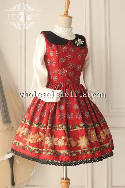 Vintage Christmas Red Printing Peterpan Collar Sweet JSK Lolita Dress