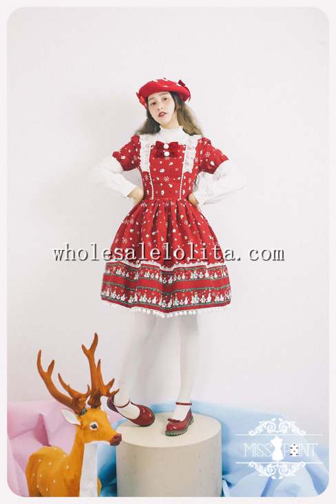 Christmas Printing Sweet OP Lolita Dress with Detachable Collar